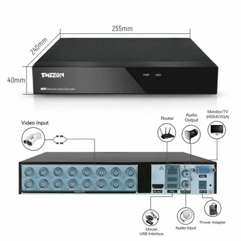 TMEZON 8CH/16CH 5MP Lite DVR Home Security H.265+ for HD Security Camera System