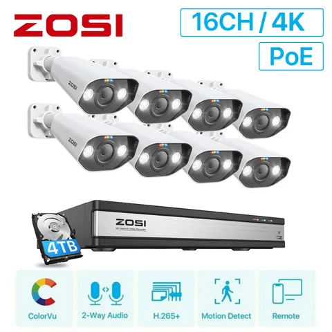 ZOSI 4K 16CH H.265+NVR 8MP HD POE Outdoor Security Camera System 4TB IP Network