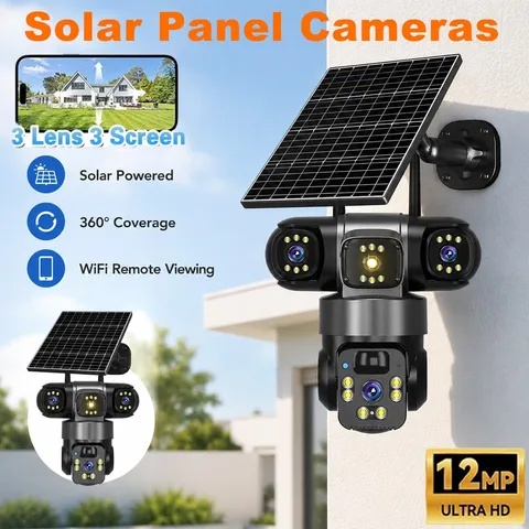 3 Lens Solar Camera 12MP Battery Home Security Outdoor Wifi Night Vision Camera
