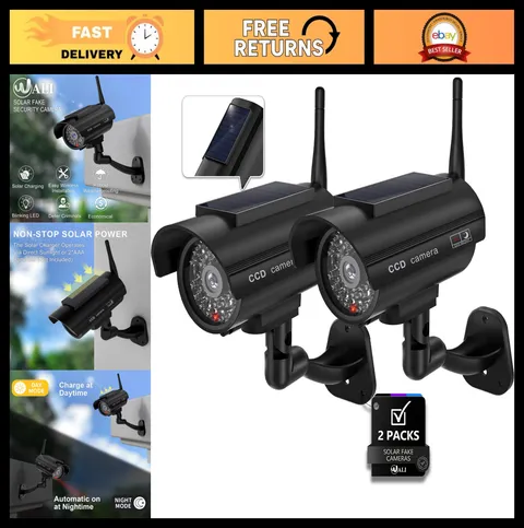 Solar Powered Fake Security Cameras 2 Pack - Realistic Dummy Cam, Weatherproof,