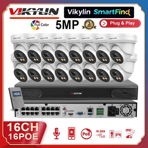 Vikylin SmartFind 16ch CCTV System 5MP IP Camera Full Color 4K 16 POE NVR Lot