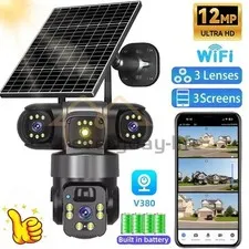 Wireless Solar Camera With 3Lens 3Screen, PIR Human Detect Cameras,Two-Way Audio