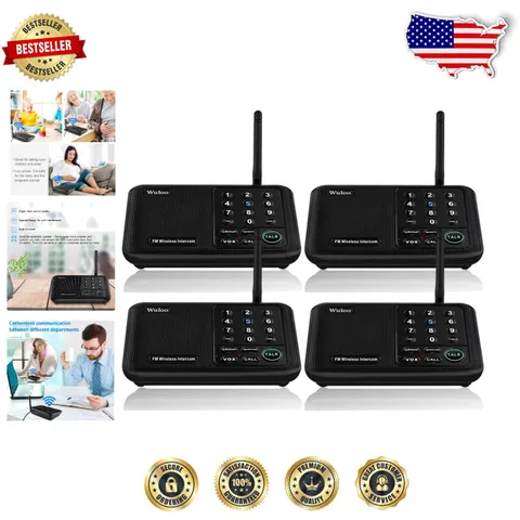 Home Intercom System 4 Units Black 5280ft Range 10 Channel VOX Talk Monitor