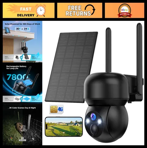 4G LTE Solar Security Camera Outdoor - No WiFi, SIM Card, 2K HD, 360° View, Moti