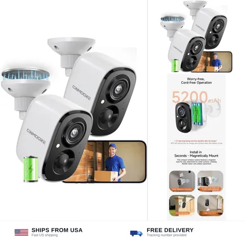2 Pack 2.5K Security Camera Wireless Outdoor, 2.4G WiFi Battery Powered Outdo...