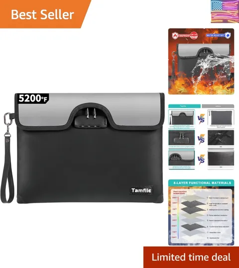 5200°F Fireproof Money Bag with Lock, Water Fireproof Document Bag with Zippe...