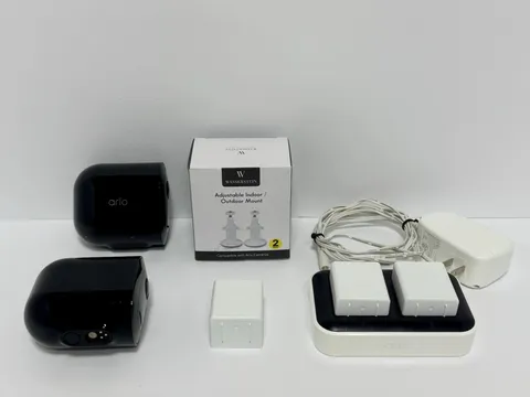 Arlo Pro 4 VMC4041P Cameras Lot of 2 w/ 3 Batteries Charger & New Mounts Tested