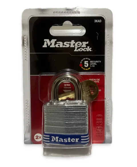 Master Lock  3KAD 1.66-in Wide Laminated Padlock 3/4 Inch Loop. Model P65094