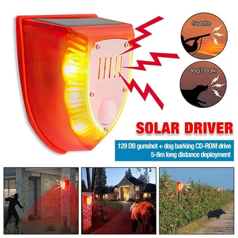Solar Outdoor Motion Sensor Alarm-129db Dog Barking & Gunshot Sound USB Charge