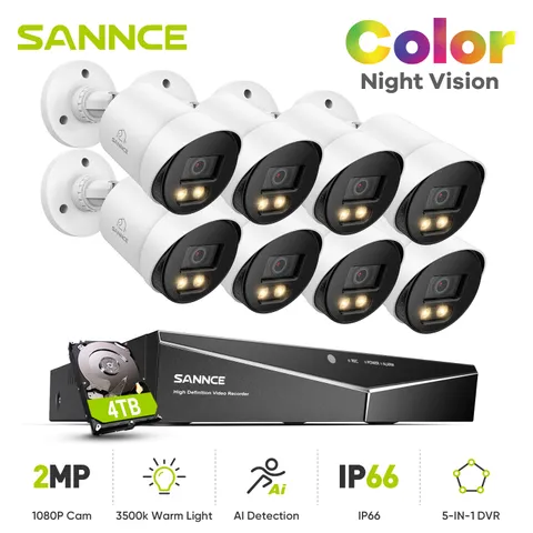 SANNCE 5MP 8CH DVR Color Night Vision CCTV 1080P Security Camera System Outdoor