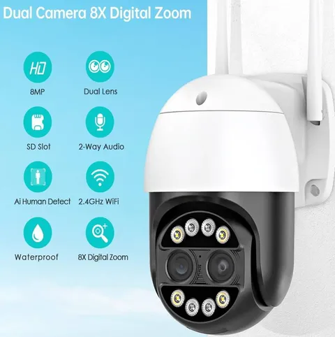 8MP 4K IP WiFi Security CCTV Dual-Lens Night Vision 8X Digital Zoom IP66 Camera