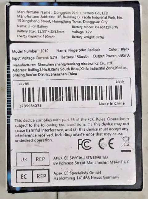 Dongguen Xinhe Battery Co Fingerprint Padlock 3010 NEW