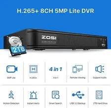 ZOSI CCTV H.265+ 5MP Lite 4-in-1 DVR Home Surveillance 0-2TB For Security Camera