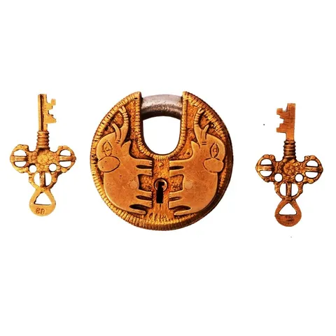 Antique Handcrafted Brass Feng Shui Elephant Round Padlock with Working Keys