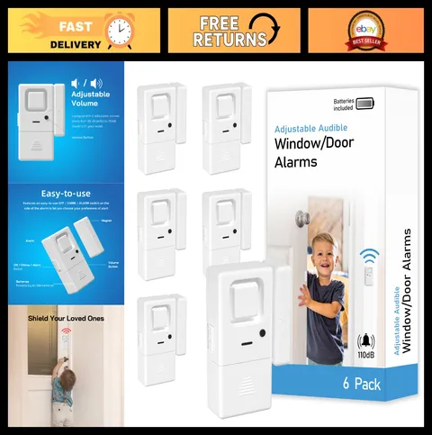 6 Pack Door Window Alarms - Wireless Security Sensors, Adjustable Volume, Chime/