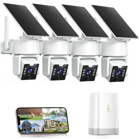 No Monthly Fee Solar Security Camera System with Home Hub, 4 Pack 4MP 360° PT...