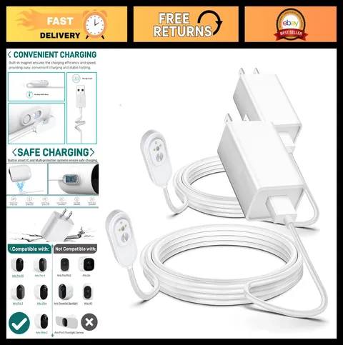 10FT Arlo Camera Charger 2 Pack - Magnetic Charging Cable, Weather Resistant, Co
