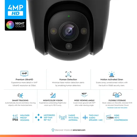 Amcrest ASH47-W SmartHome 4MP, Full Color, PTZ Outdoor Security Camera
