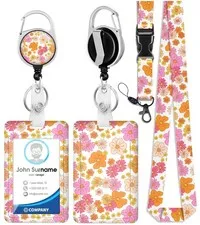Plifal ID Badge Holder with Lanyard and Retractable Badge Reel Clip, Cute Flo...