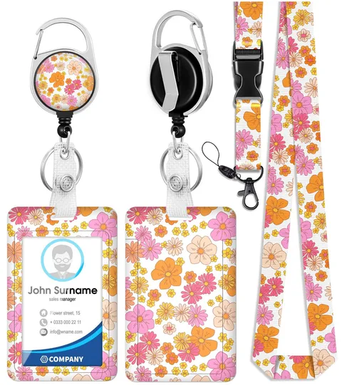 Plifal ID Badge Holder with Lanyard and Retractable Badge Reel Clip, Cute Flo...