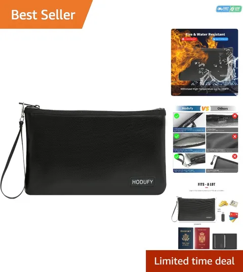Zippered Fireproof Money Bag - Secures Cash & Documents, Compact Size, Black