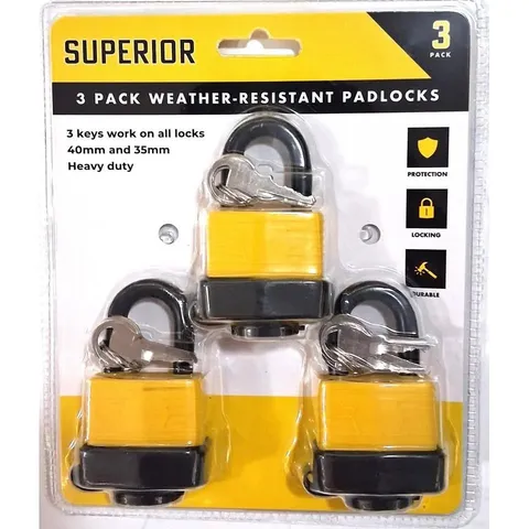 Superior 3-Pack Weather-Resistant Padlocks – 40mm & 35mm, Keyed Alike