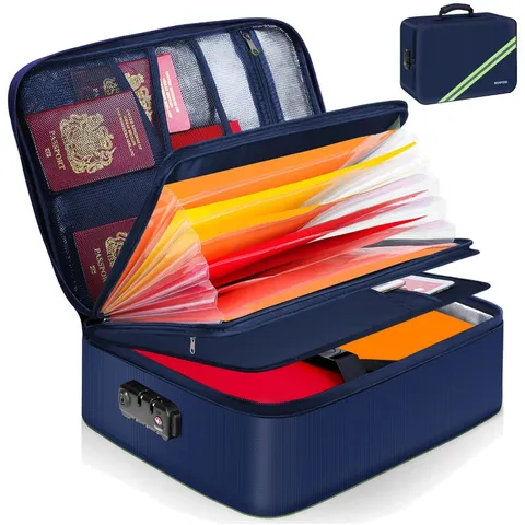 Fireproof Document Box with Lock | Portable Organizer, Blue