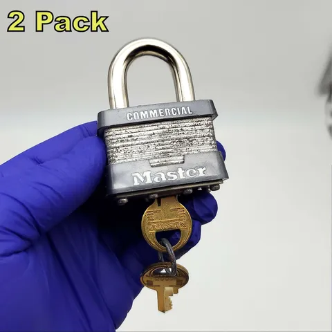2x Master Padlocks 1" Long x 0.3" Diam Shackle No 1 Commerical Keyed Alike NOS