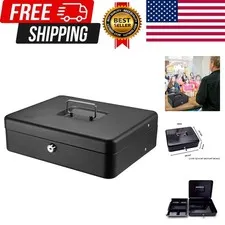 Black Money Saving Box with Cash Tray and Key Lock, Portable Safe Box with Ca...