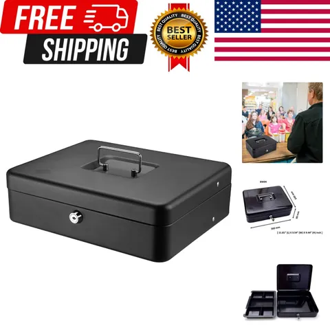 Black Money Saving Box with Cash Tray and Key Lock, Portable Safe Box with Ca...