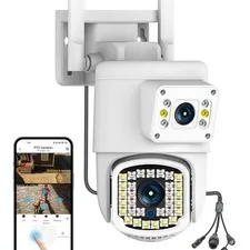 Dual Lens Outdoor PTZ Security Camera, 4MP WiFi, White