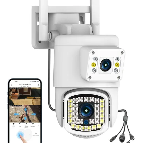 Dual Lens Outdoor PTZ Security Camera, 4MP WiFi, White