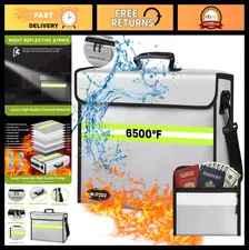 Fireproof Money Bag with Lock - 6500°F Document Box, Waterproof Zipper, 10 Layer