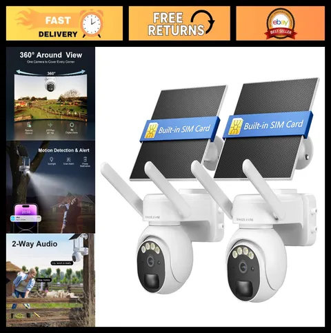 4G LTE Solar Security Camera Outdoor - 2K HD, 360° PTZ, No WiFi, Free Cloud Stor