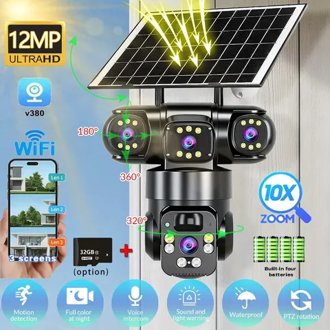 12MP HD 3-Lens Solar Security Camera Wireless WiFi Auto Tracking IP Surveillance