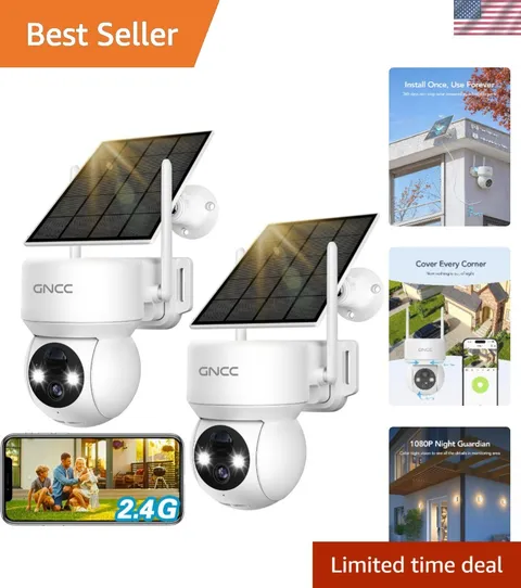 2 Pack Solar Security Cameras with 360° Coverage & Night Vision for Home Safety