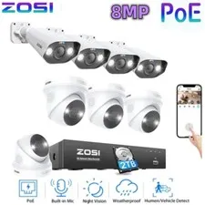 ZOSI 4K 8CH NVR 8MP IP POE Security Camera System AI Alerts Audio 2TB HDD IP66