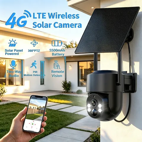 4G LTE Solar Powered PTZ Security Camera Outdoor, 355° Panoramic View, Color Nig