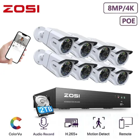 ZOSI H.265+8CH 4K IP PoE Security Camera System with Audio NVR with 2TB HDD Home