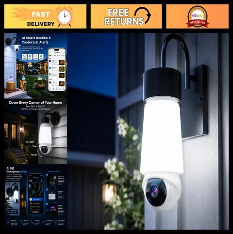 2K HD Outdoor Light Bulb Security Camera, Smart PTZ WiFi Cam, Color Night Vision