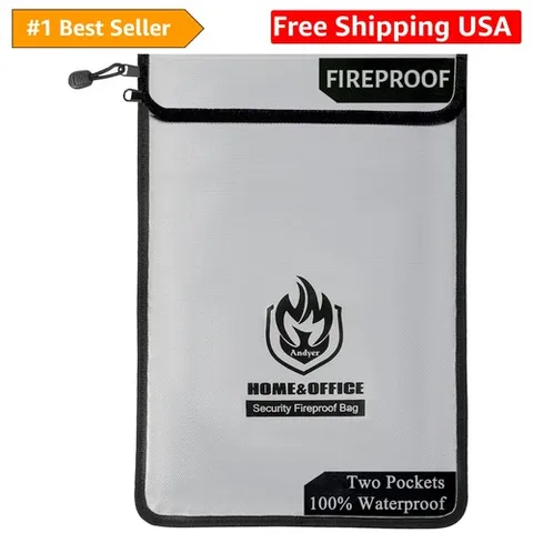 Upgraded Two Pockets Fireproof Document Bag 2000℉, 15”x 11”Waterproof Firepro...