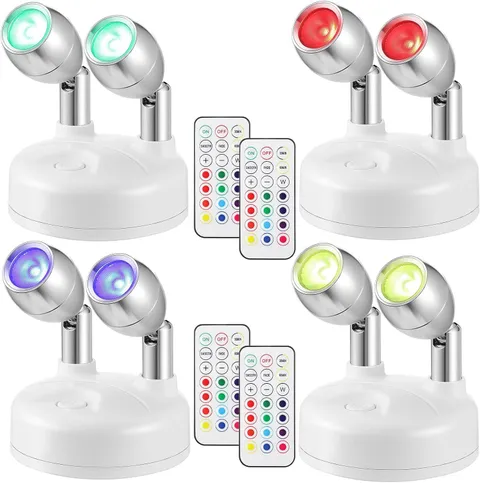 Honoson 4 Pack Dual Head Battery Operated Spotlights Indoor Wireless RGB LED Spo