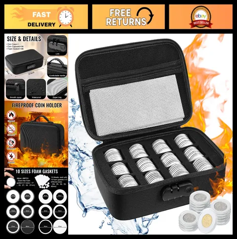 Fireproof Waterproof Coin Storage Box 96 Pcs Holder with Lock & 196 Gaskets