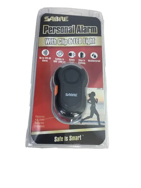 NEW SABRE Personal Alarm with Clip and LED Light w 120dB Black Weatherproof 600'