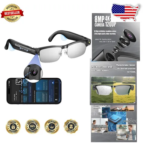 Camera Glasses 4K Video Bluetooth AI Voice Assistant  Waterproof