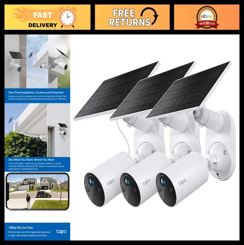 1080p Outdoor Wireless Security Camera Kit - Solar-Powered, 3-Pack, Night Vision