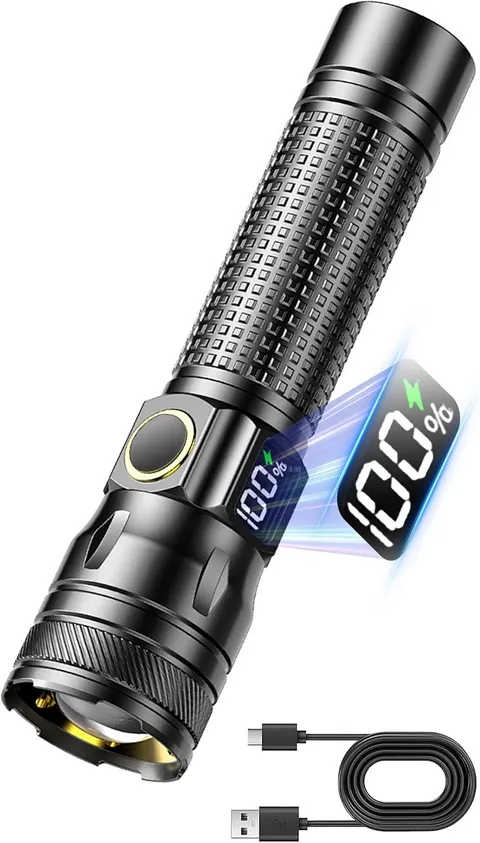 Gotellx Rechargeable LED Flashlight USB-C Zoomable Digital Display EDC Tactical