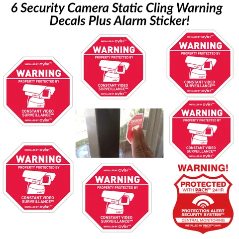 6  Security CCTV Camera Static Cling Decals & 1 Home Alarm Security Sticker 