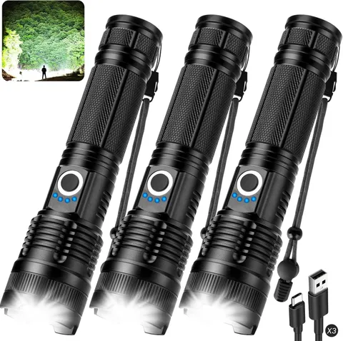3 Pack LED Rechargeable Flashlight High Lumens Waterproof Handheld Camping Light