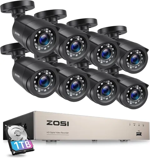 ZOSI H.265+ 1080P Home Security Camera System Outdoor 8CH DVR with IR-Cut 0-1TB